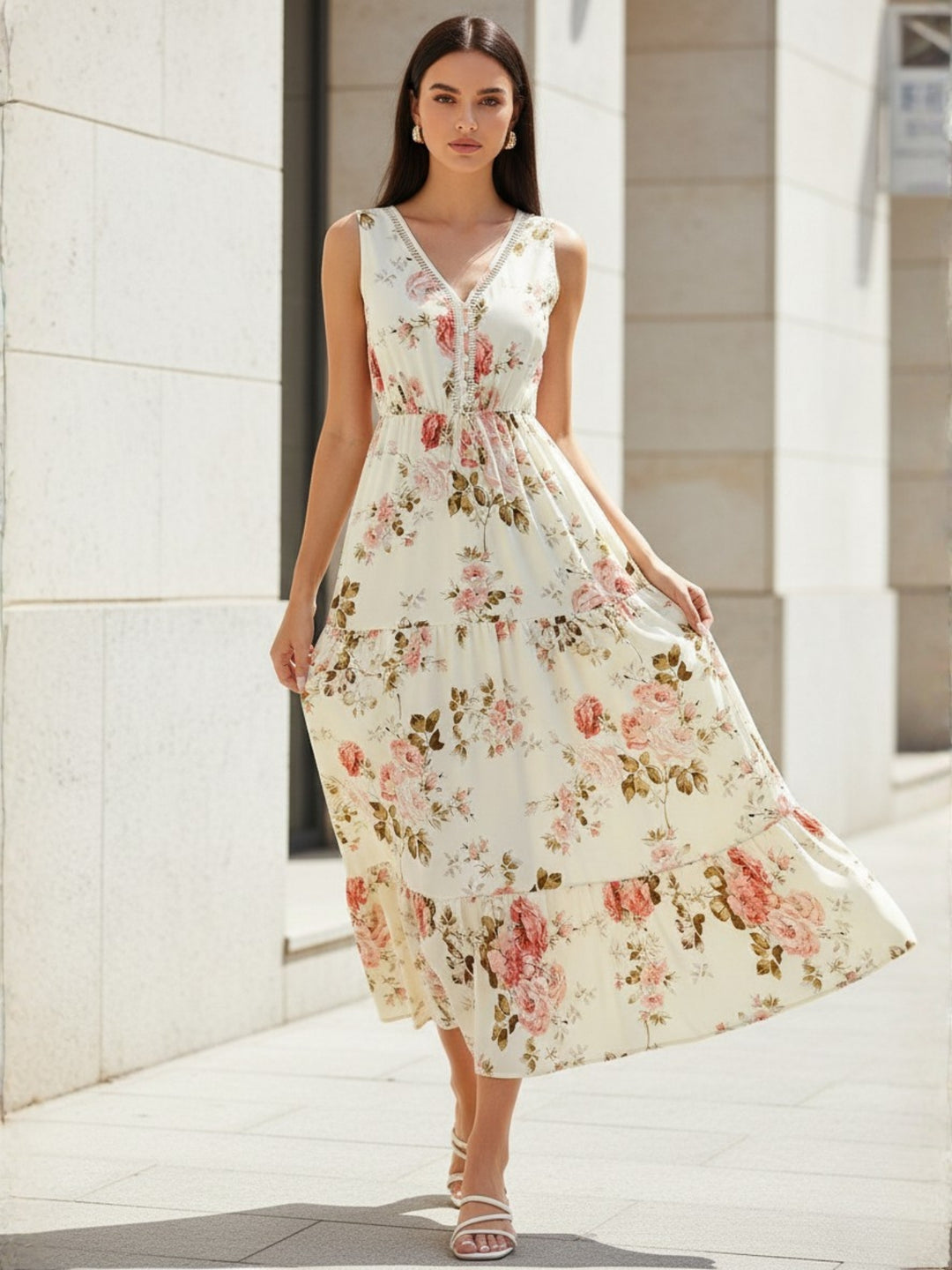 Cream V Neck Printed Dress