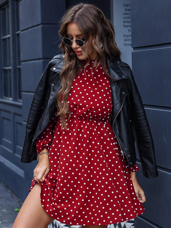 Red Printed Mock Neck Waist Fitted Dress