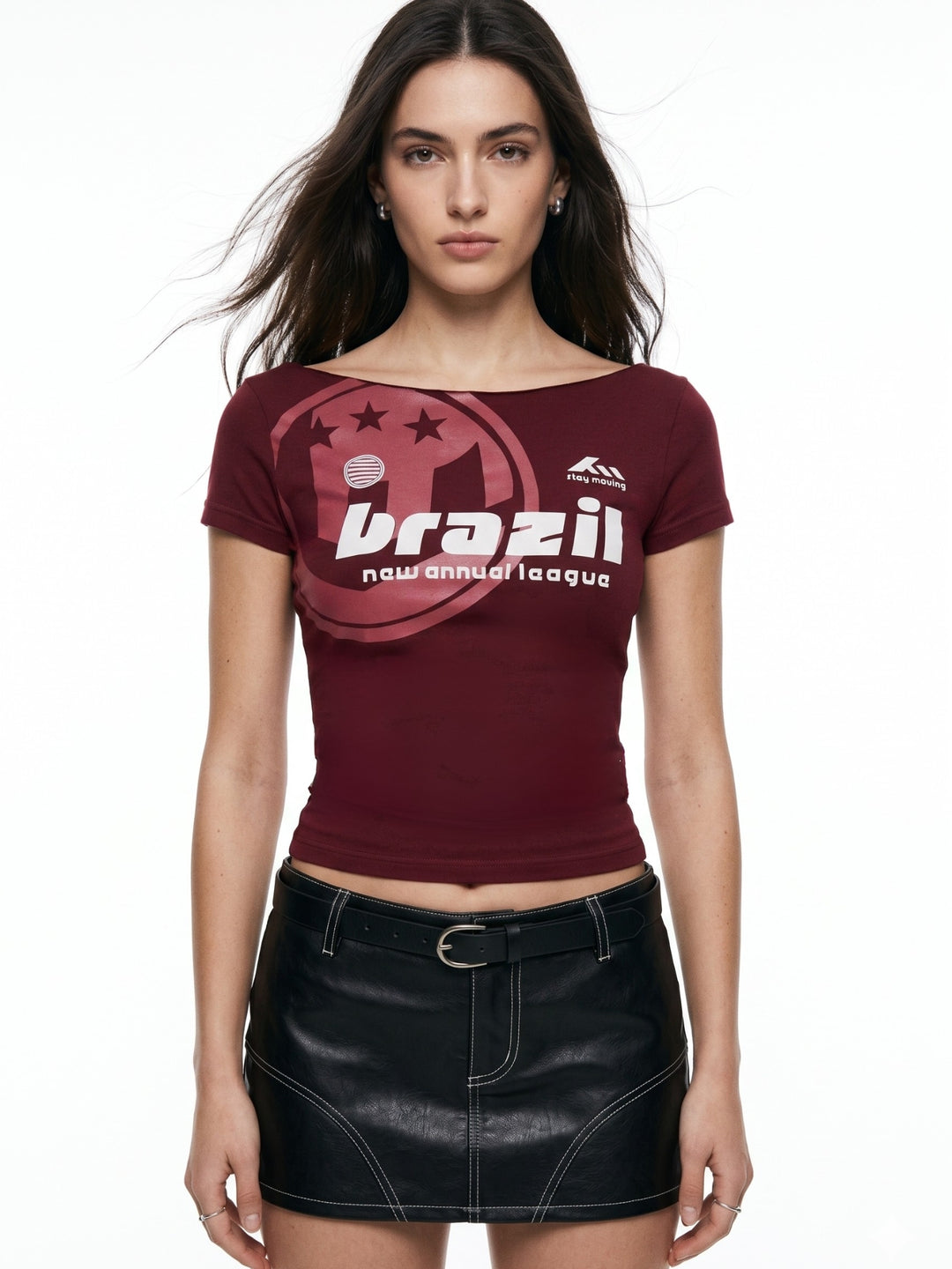 Maroon Off-Shoulder Raw Edge Printed T-Shirt
