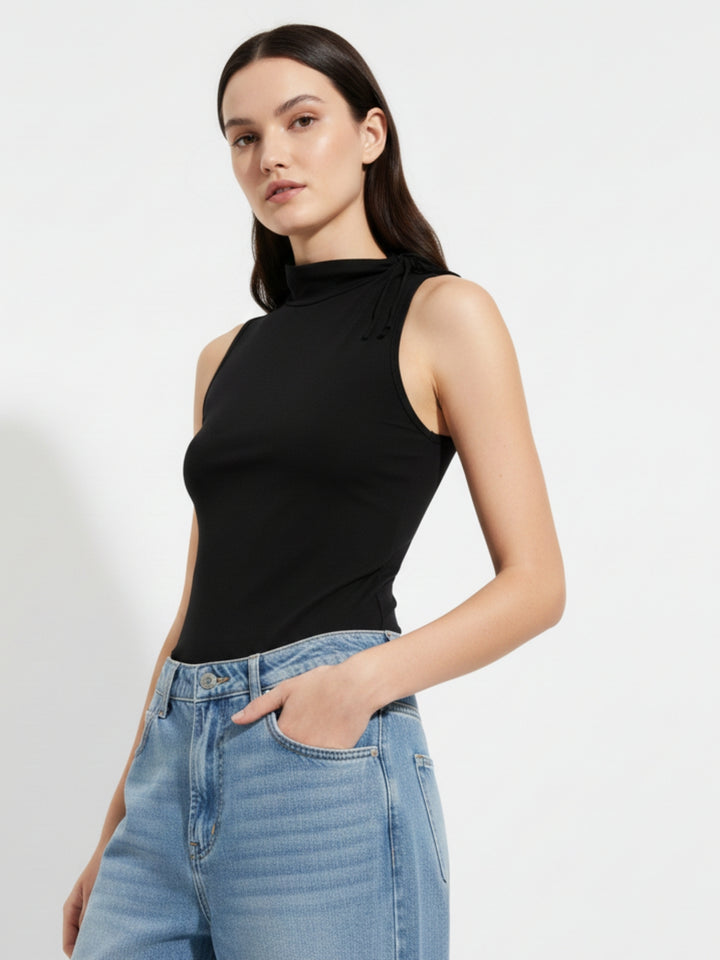 Black Sleeveless High Neck Fitted Top