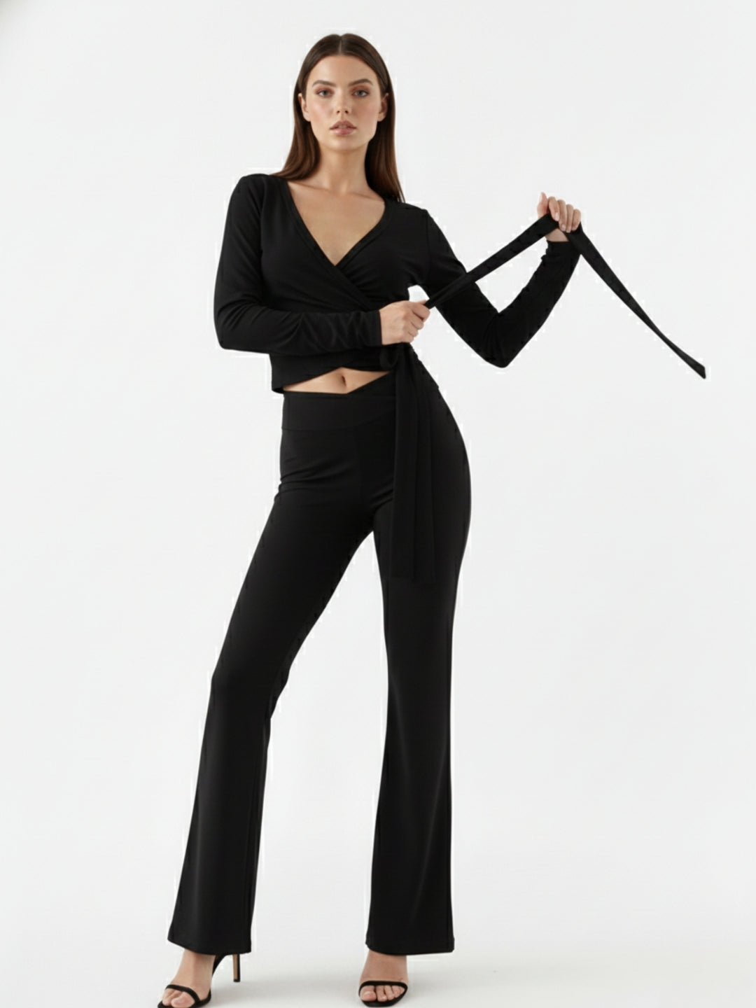Black Full Sleeve Wrap V Neck Top And Pant Set