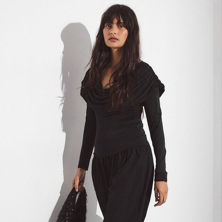 Black Full Sleeve Cowl Neck Fitted Top