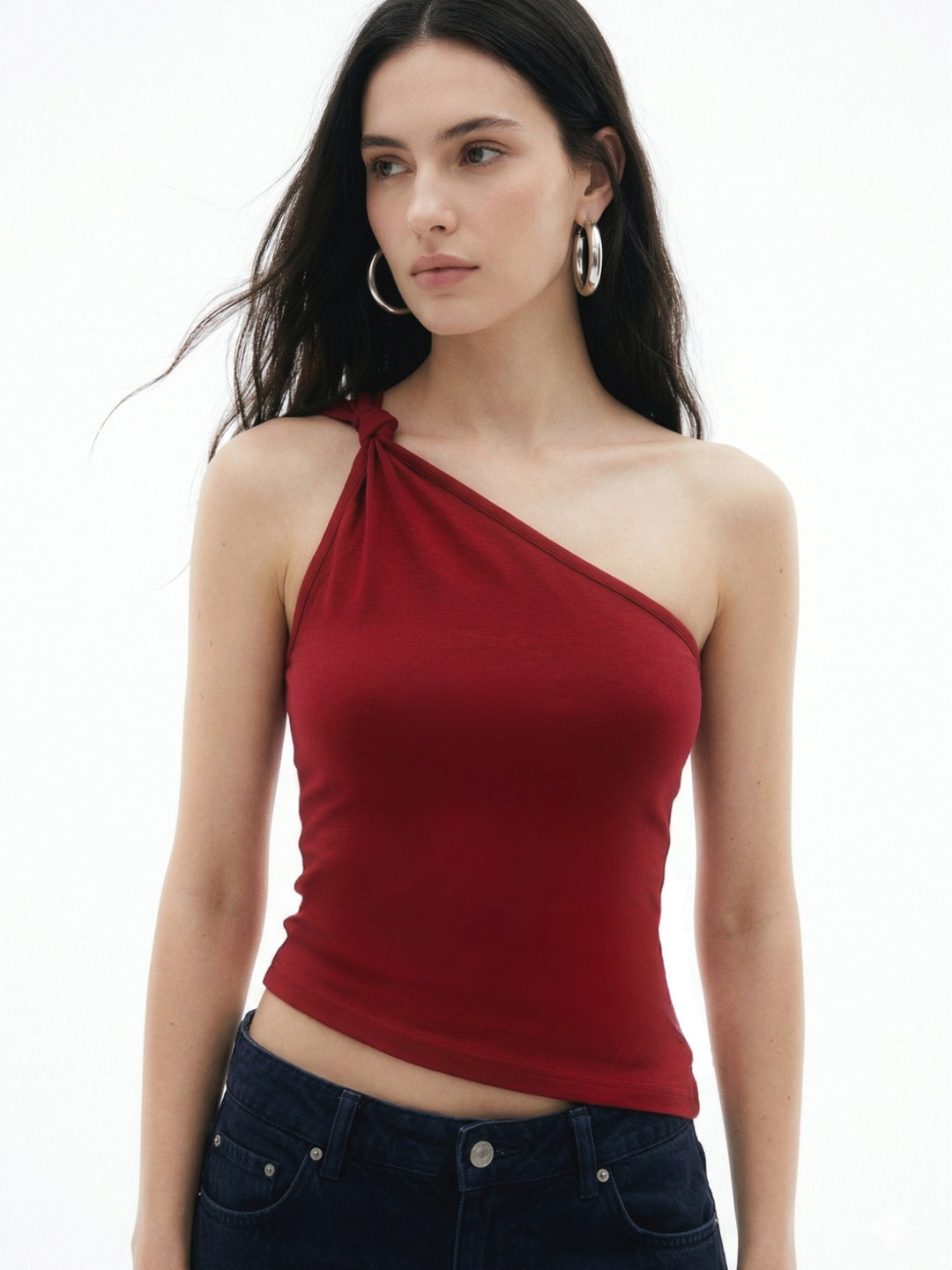 Maroon One Shoulder Twisted Strap Detail Tank