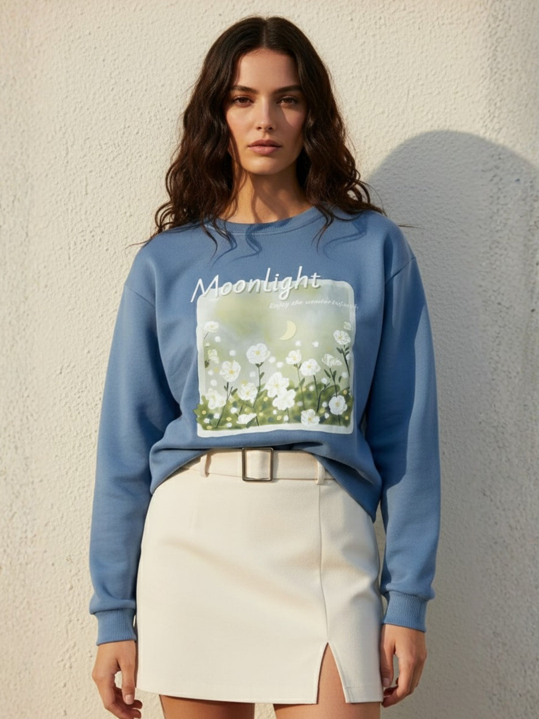 Blue Graphic Printed Oversized Fleece Sweatshirt