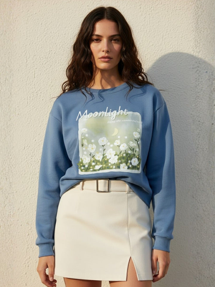 Blue Graphic Printed Oversized Fleece Sweatshirt