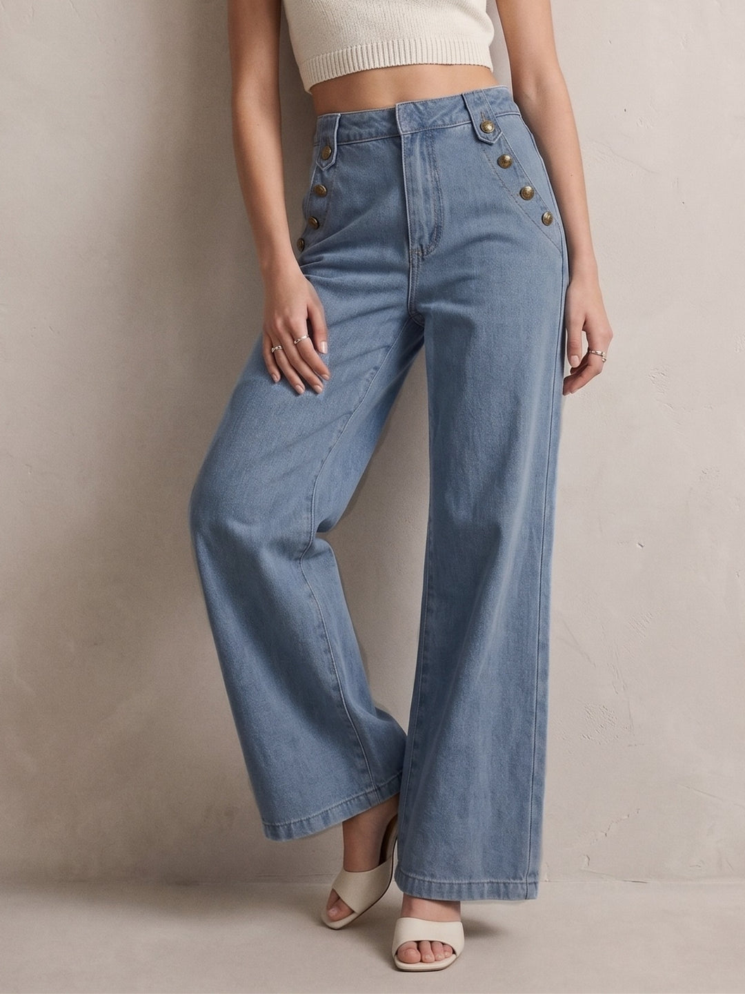 Blue Slant Buttoned Pocket Wide Leg Jeans