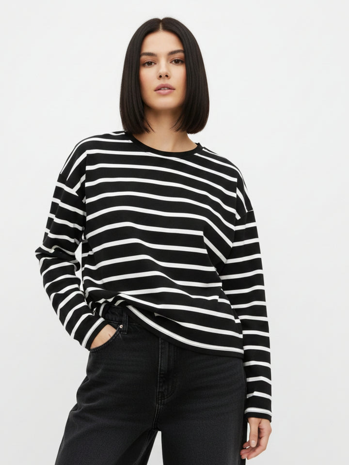 Black Full Sleeve Striped Relaxed Sweatshirt