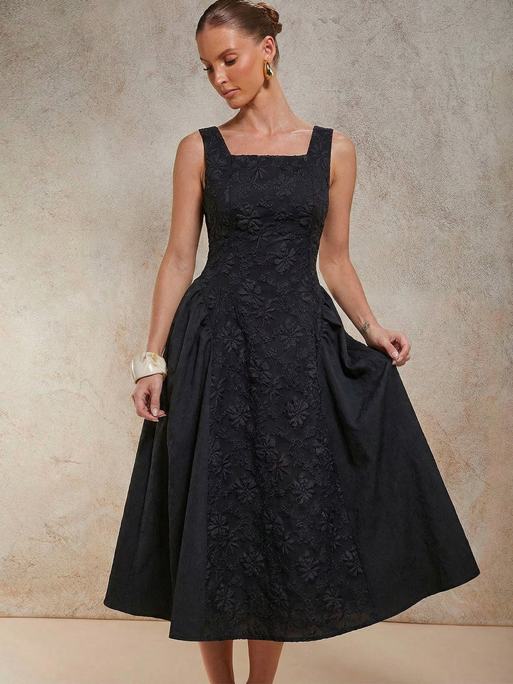 Black Square Neck Cinched Waist Dress