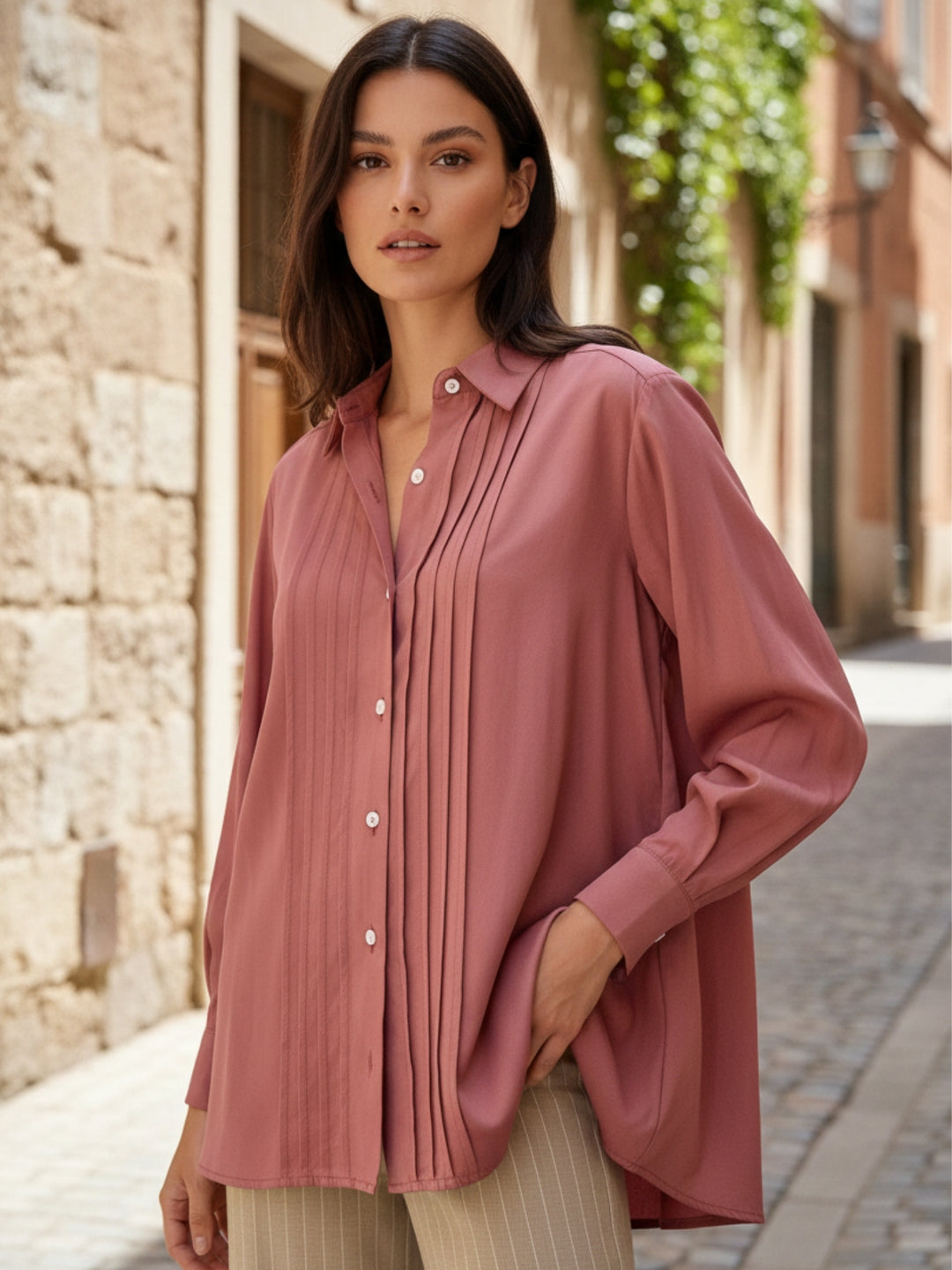 Mauve Full Sleeve Pleated Collared Shirt