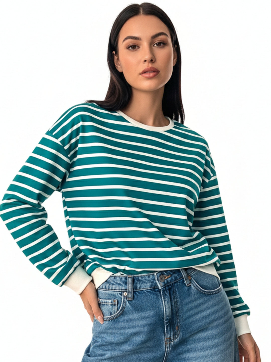 Teal Striped Crew Neck Sweatshirt