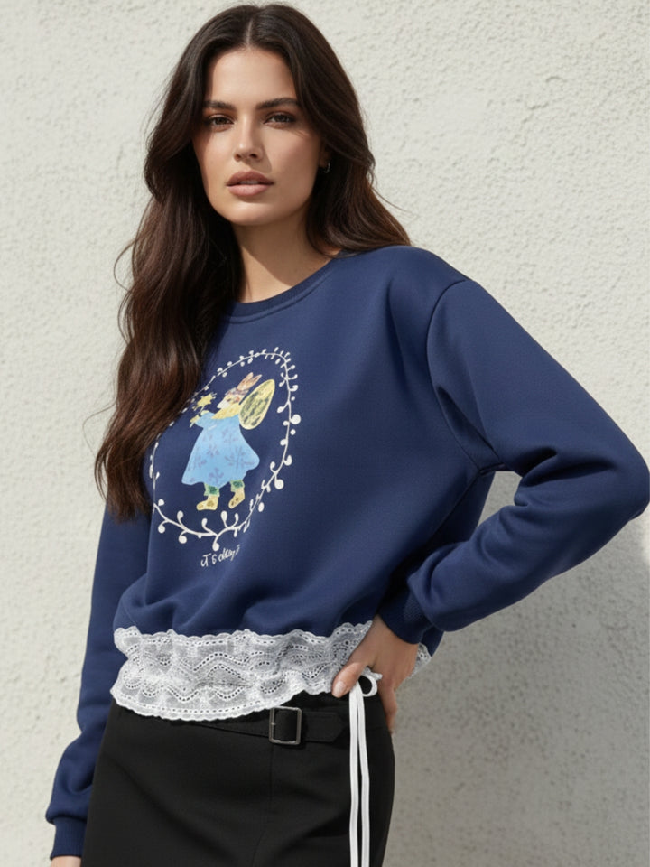 Navy Blue Full Sleeve Lace Hem Graphic Pullover