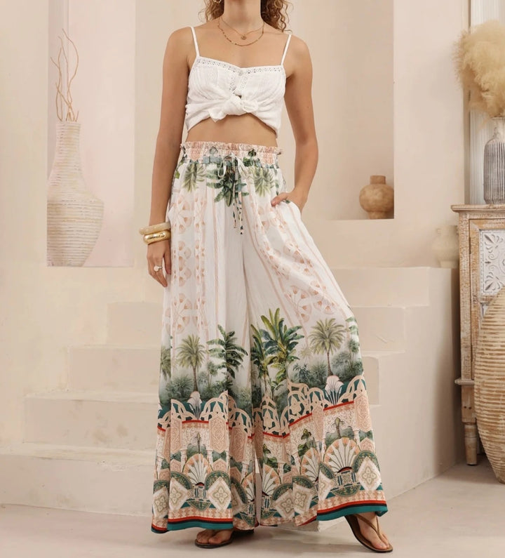 White Paper Bag Waistband Printed Trousers
