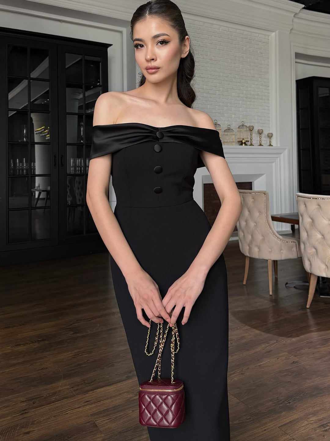 Black Off Shoulder Fitted Dress