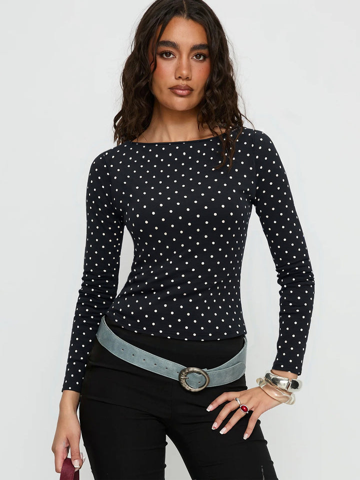 Black Boat Neck Polka Dotted Top