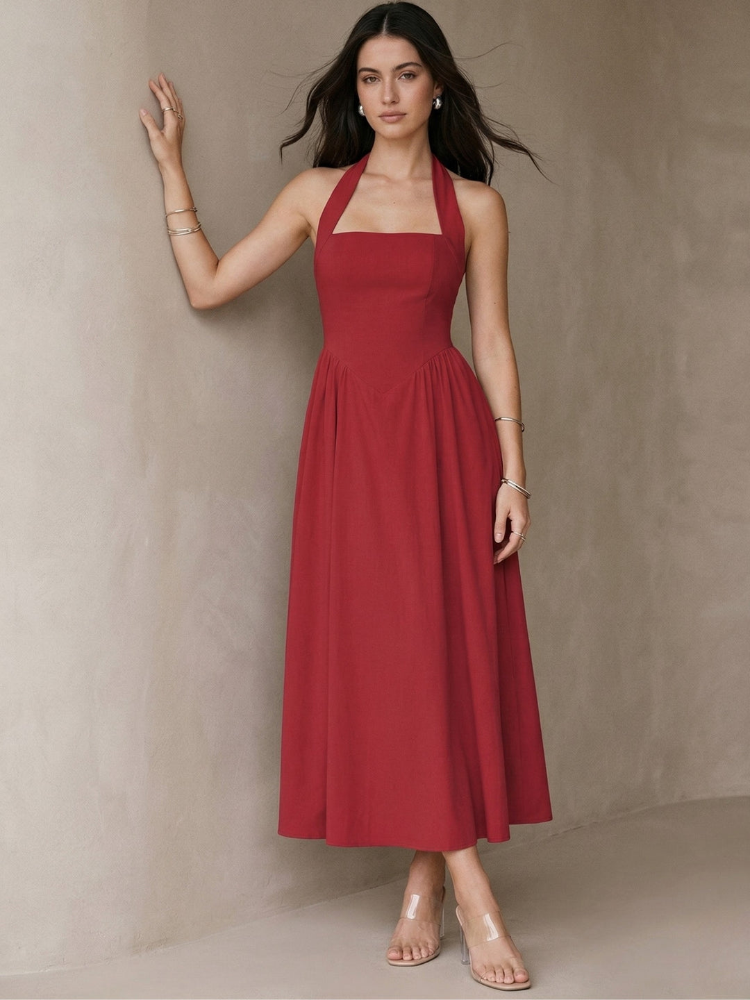 Red Halter Square Neck Dress