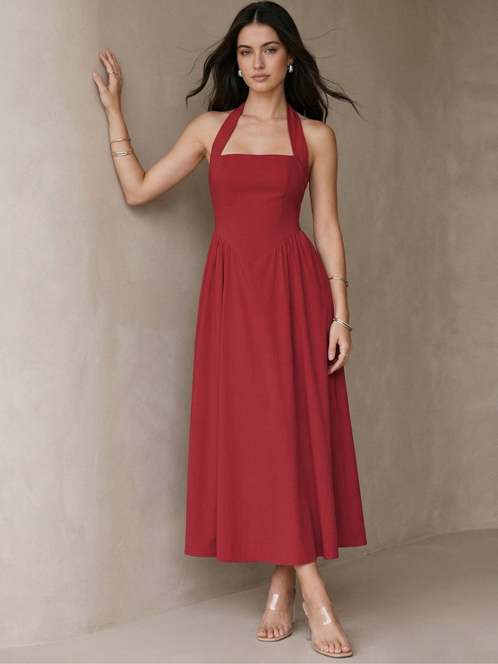Red Halter Square Neck Dress