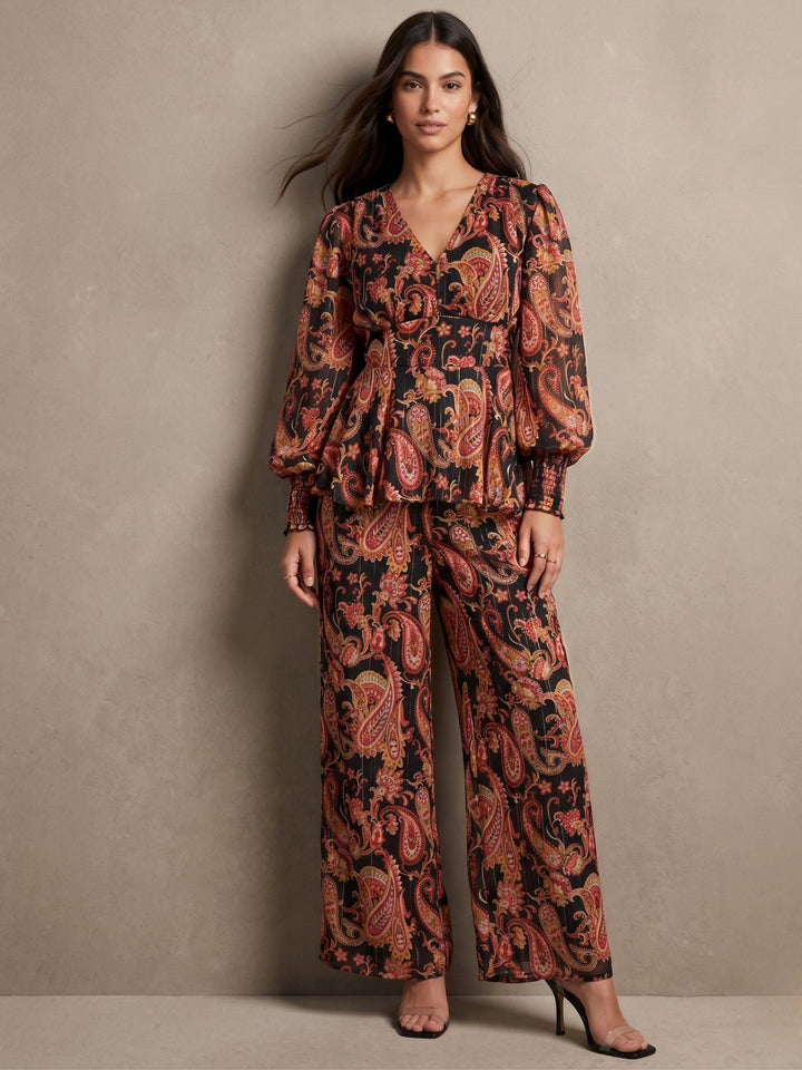 Brown Balloon Sleeve Peplum Top Coord Set With Wide Leg Trouser