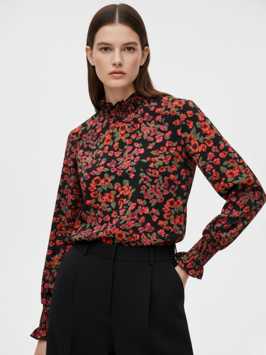 Multi Bishop Sleeve Mock Neck Printed Top