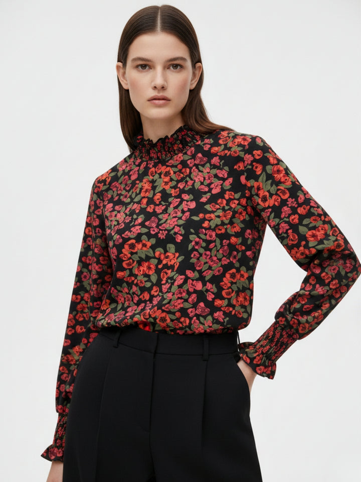 Multi Bishop Sleeve Mock Neck Printed Top