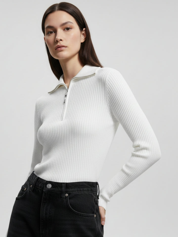 Off White Full Sleeve Half Zipped Sweatshirt