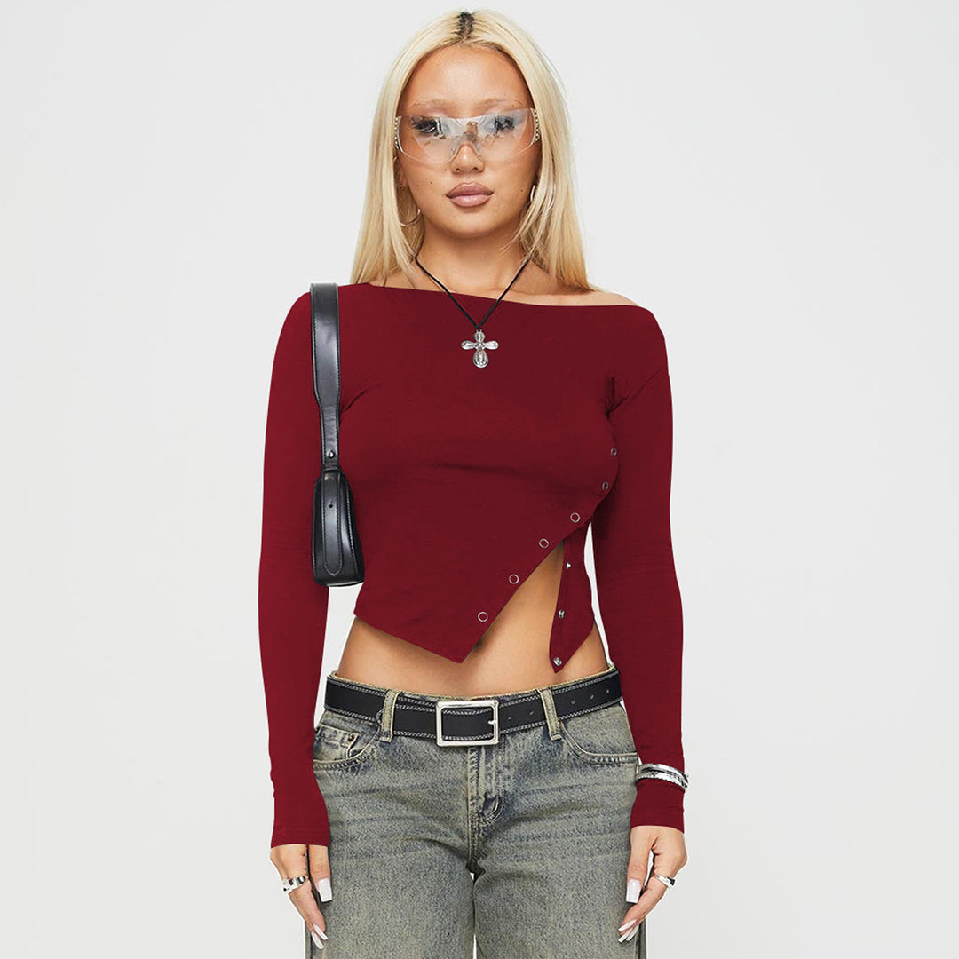 Wine Full Sleeve Side Buttoned Top