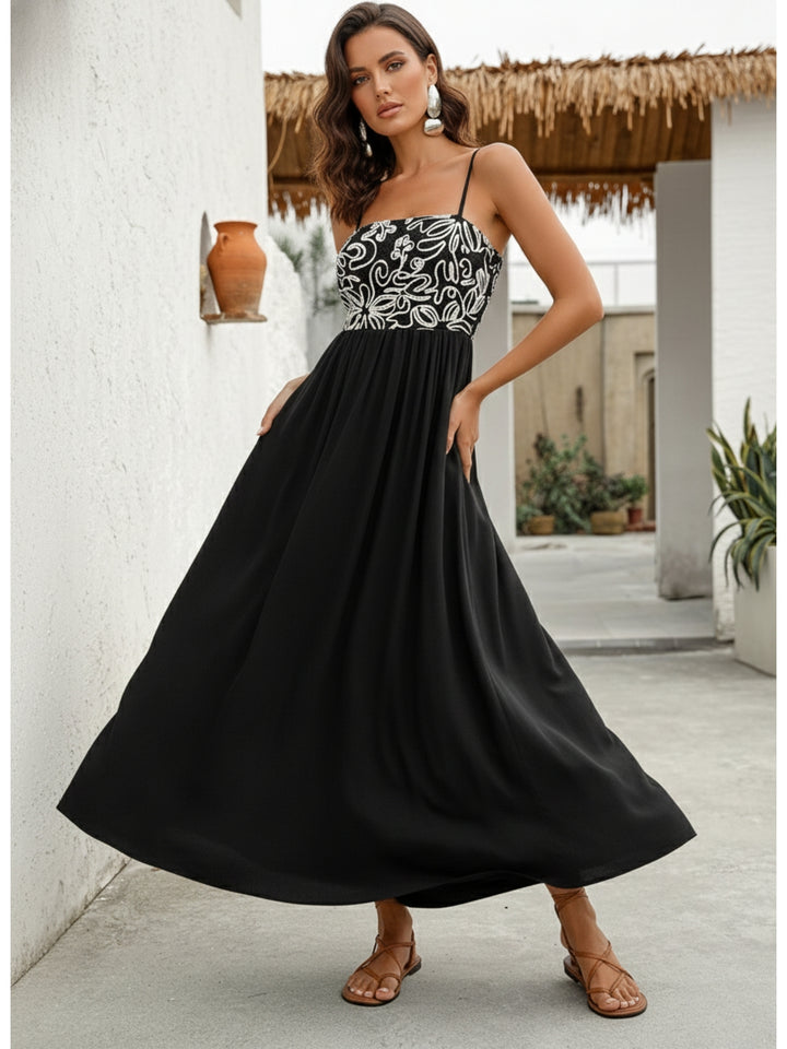 Black Spaghetti Strap Embroidered Flared Dress