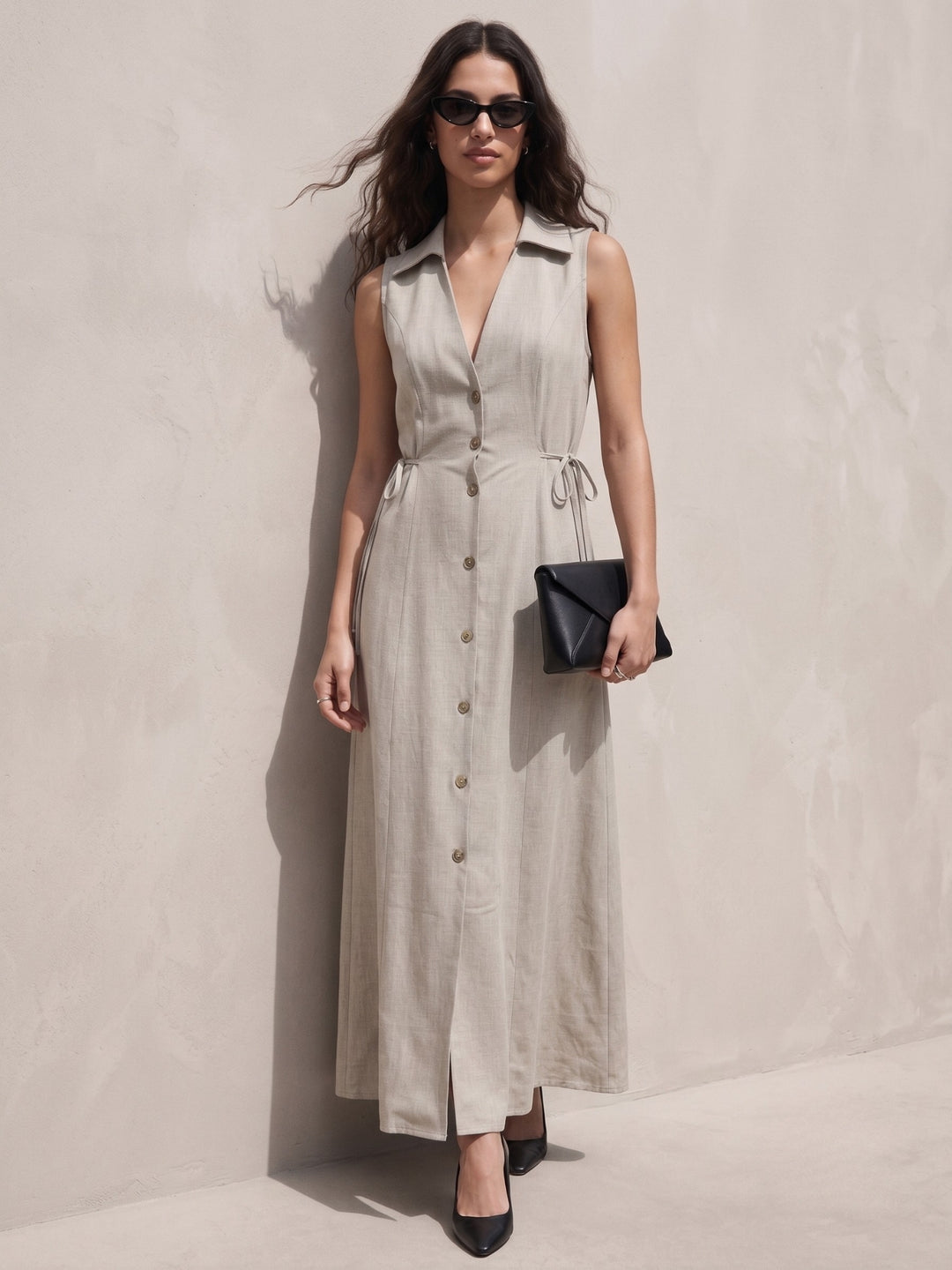 Beige Collared Neck Dress
