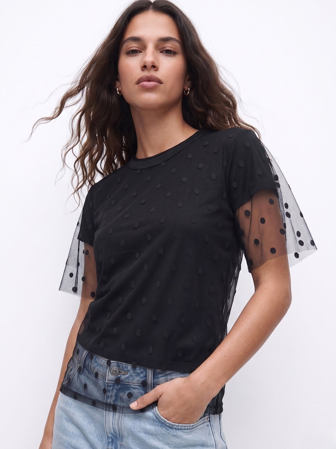 Black Twofer Styled Polka Dotted Tulle With Solid Top