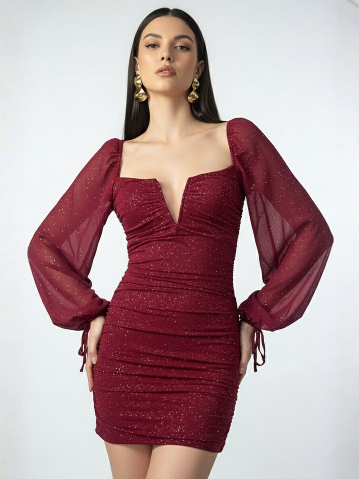Fuchsia Plunge Neck Puff Sleeved Shimmer Dress