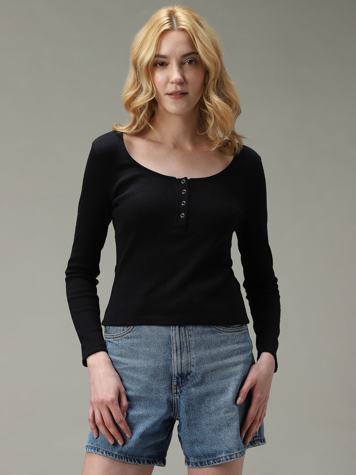 Black Button Down Ribbed Knit Top