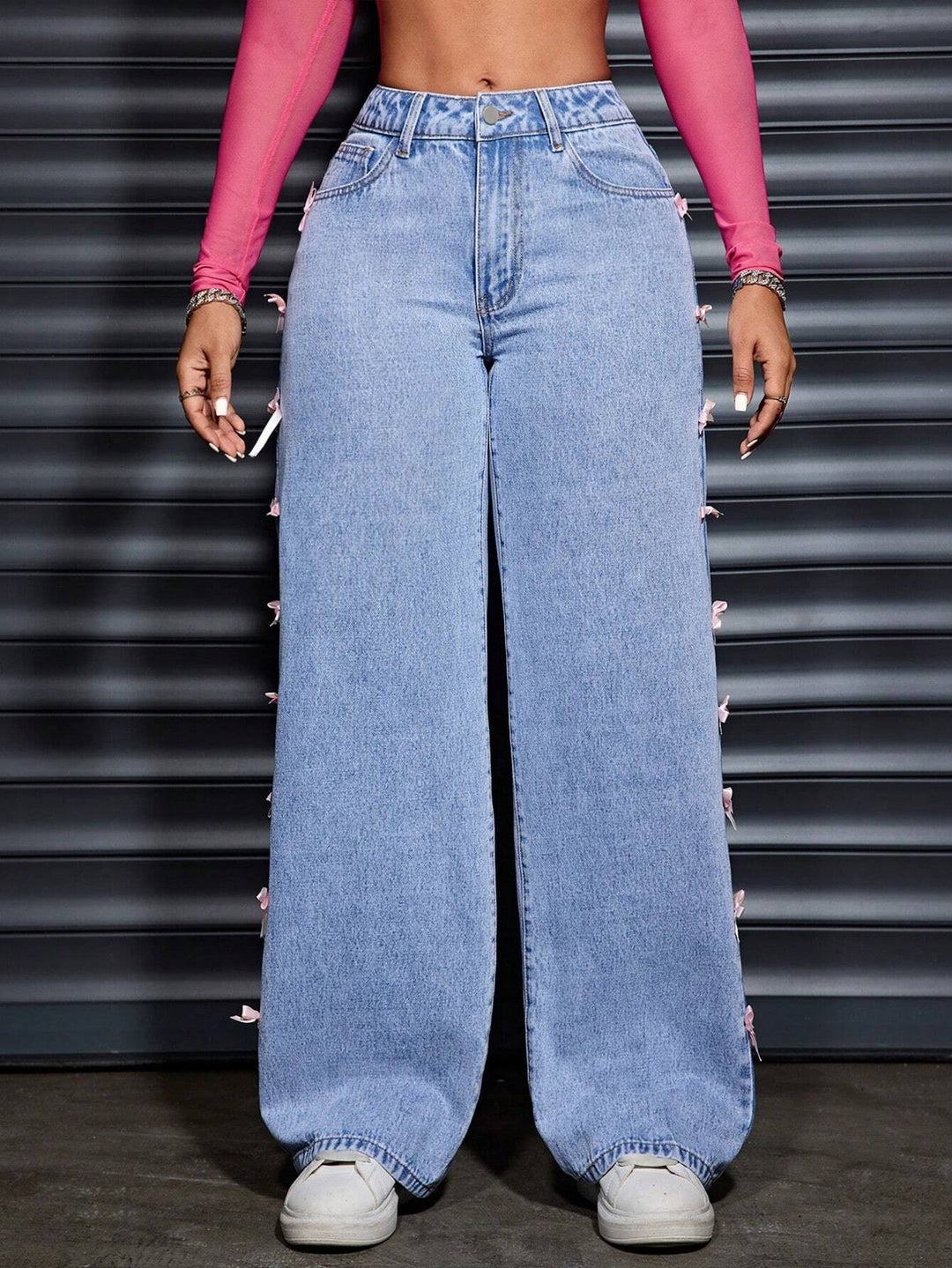 Blue Side Seam Bow Detailed Denim