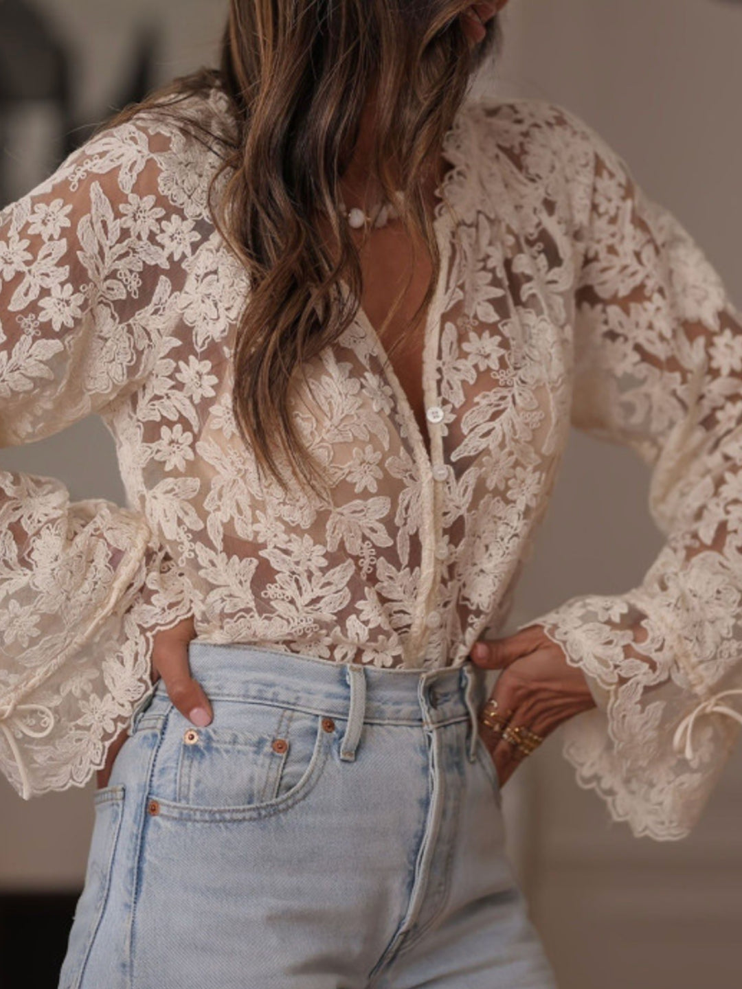 Cream Bell Sleeve Textured V Neck Mesh Top