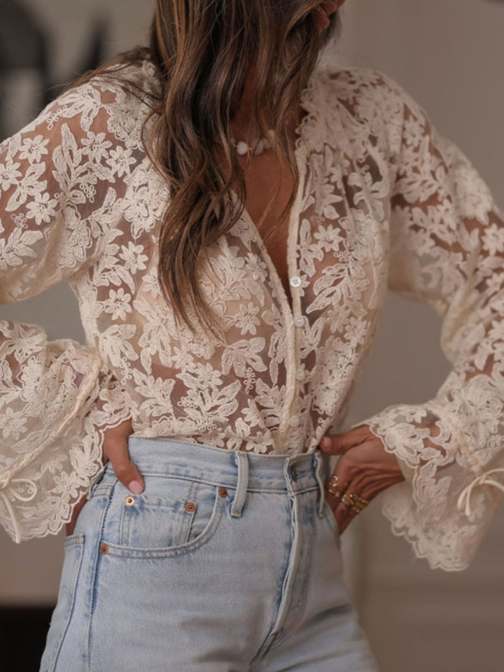 Cream Bell Sleeve Textured V Neck Mesh Top