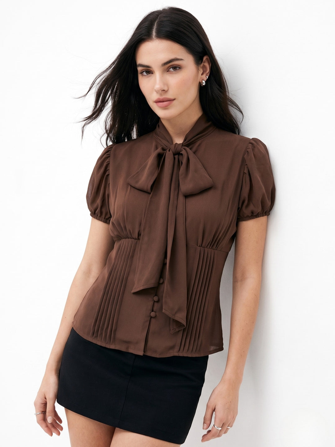 Brown Fitted Blouse With Neck Scarf