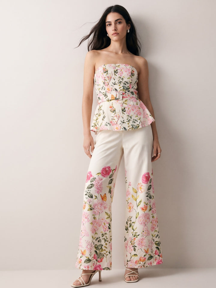 Off White Floral Printed Off Shoulder  Co-Ord Set With Belt