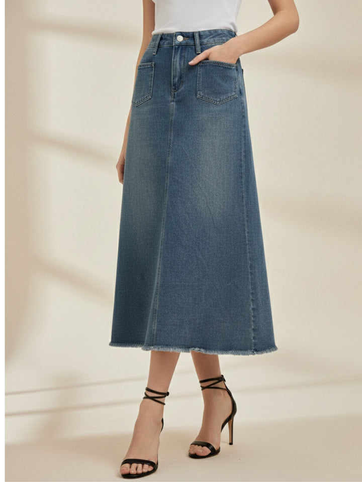Blue Front Pocket Rough Hem Skirt