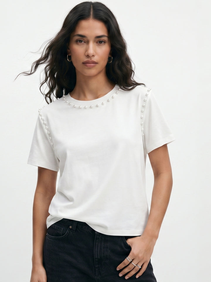 White Crew Neck Studded Top