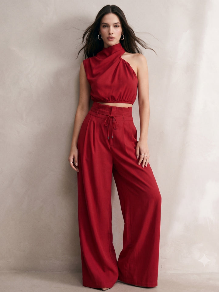 Red Asymmetrical High Neck Top with Wide Straight Pant Co-Ord Set