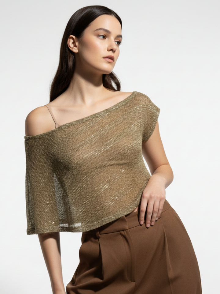 Beige Off-Shoulder Shimmer Sheer Top