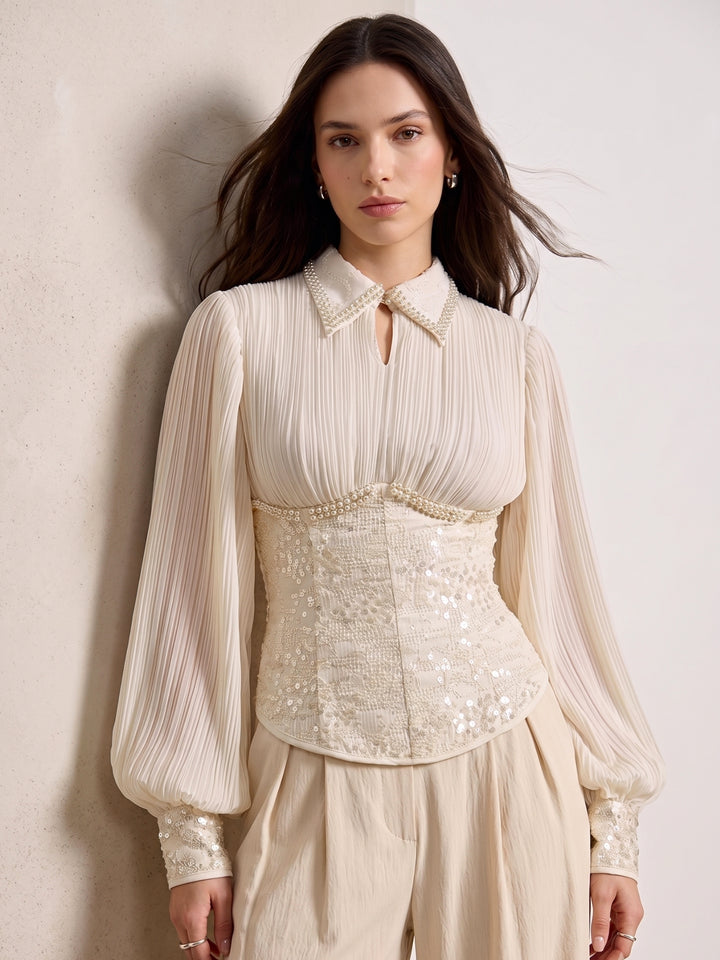 Off White Balloon Sleeve Corset Fitted Top