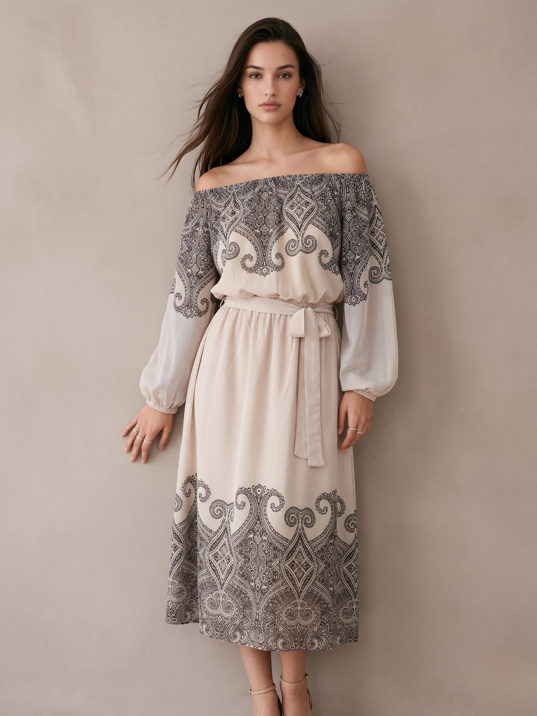 Off White Midi Length A Line With Elasted Waist And Placement Print