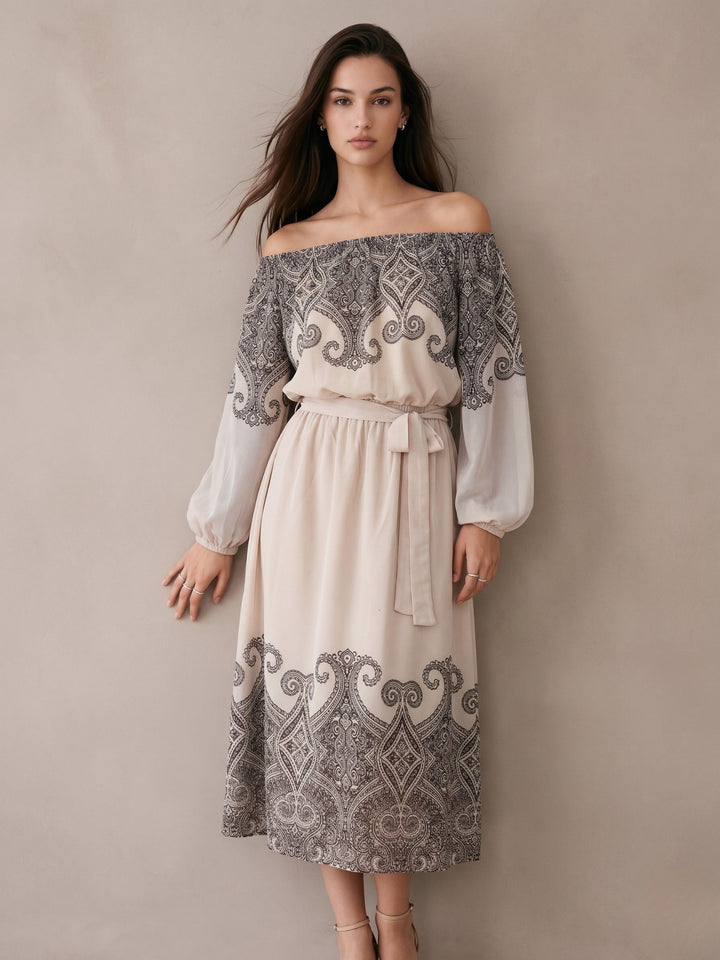 Off White Midi Length A Line With Elasted Waist And Placement Print