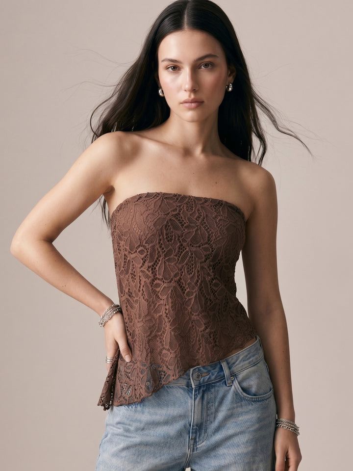 Brown Tube Asymmetric Lace Top