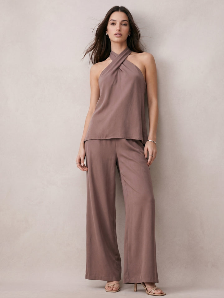 Taupe Cross Halter Neck Top And Pant Set