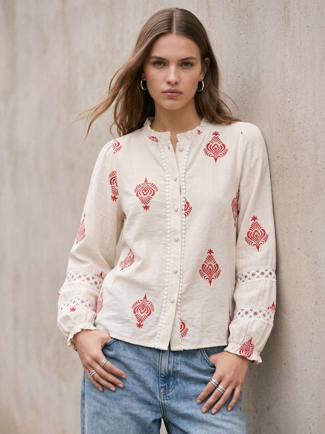 Off White High Neck All Over Printed Blouse