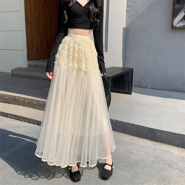 Cream Rosette Detailed Half And Half Pleated Skirt