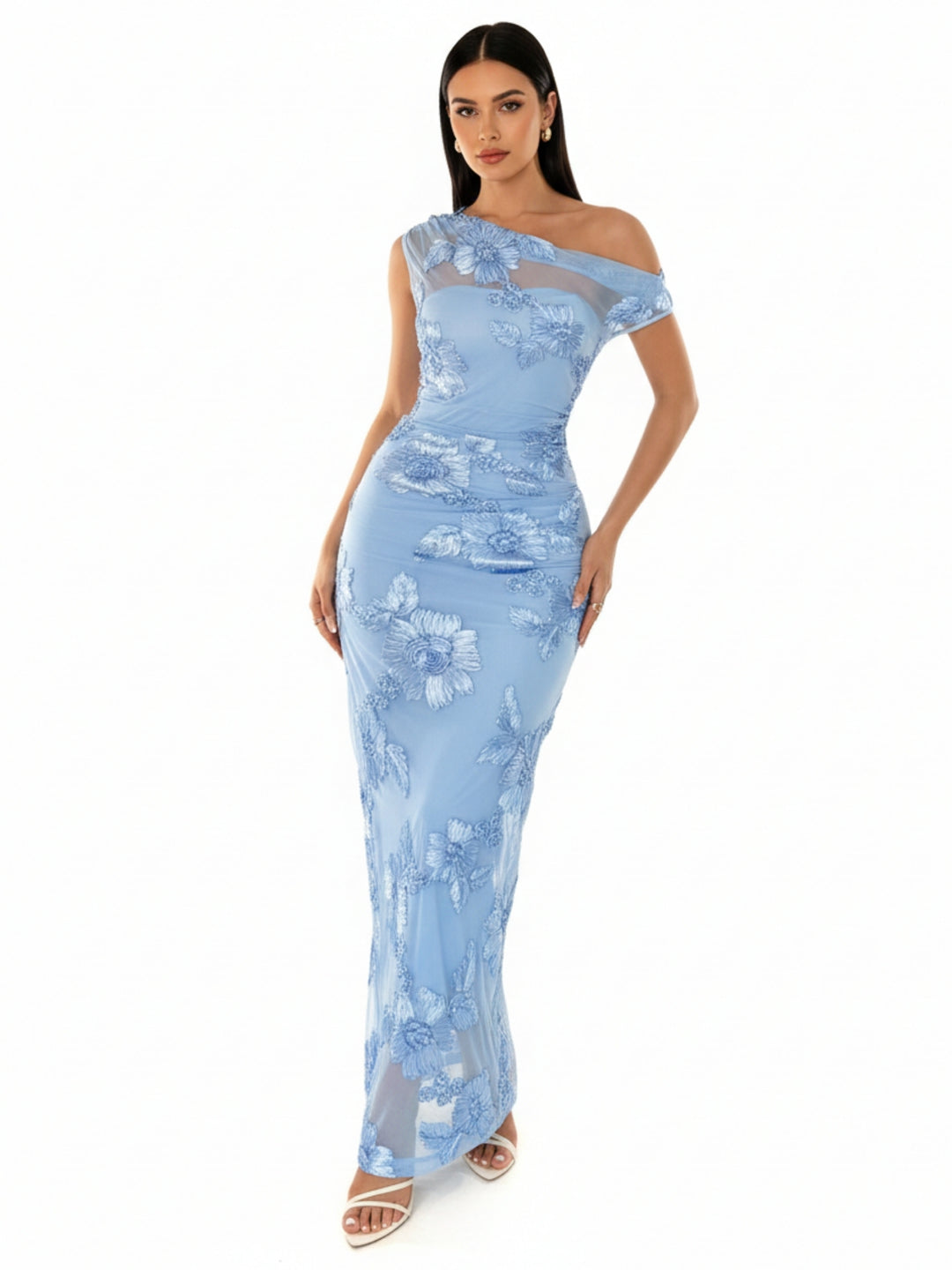 Blue One Shoulder Textured Dress