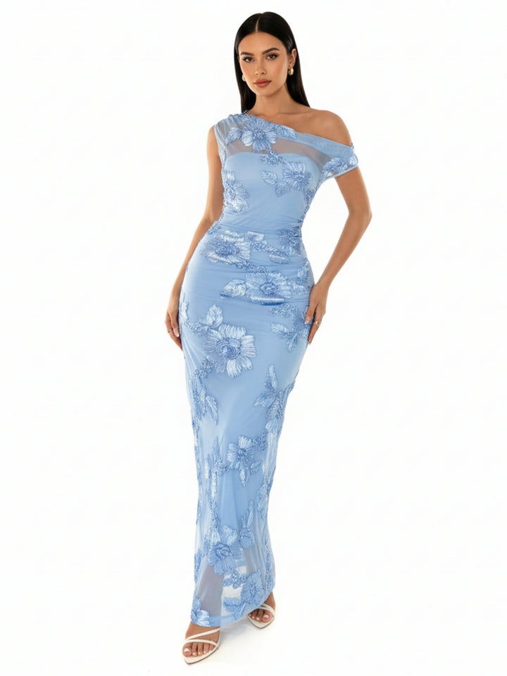 Blue One Shoulder Textured Dress