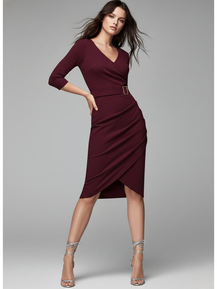 Wine Bodycon Sheath Dress With Belt