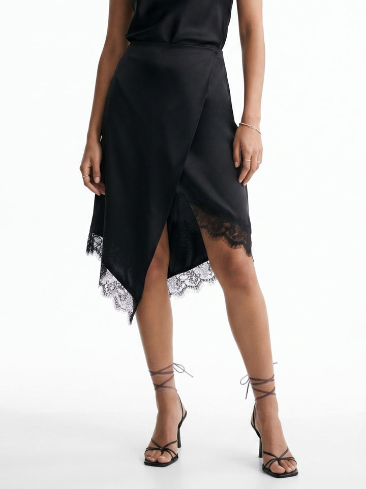 Black Asymmetric Skirt With Lace Hem